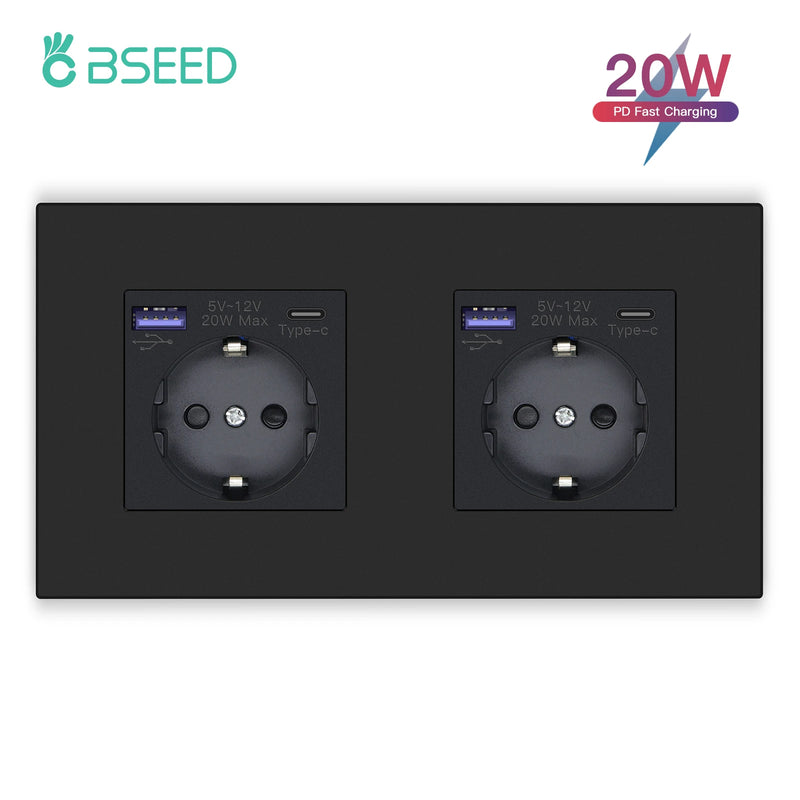 BSEED EU Standard Wall Socket Single Power Outlets USB Type-C Port 20W Fast Charge Plastic Panel Triple Electric Plugs 16A