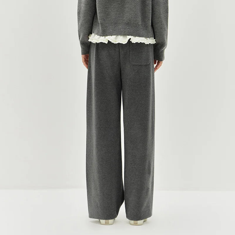 Semir Women Pants Ruffle Trim Colorblock Wool Look Wide Leg Loose Fit 450G 2026 Elegant Warm Urban Casual Trousers