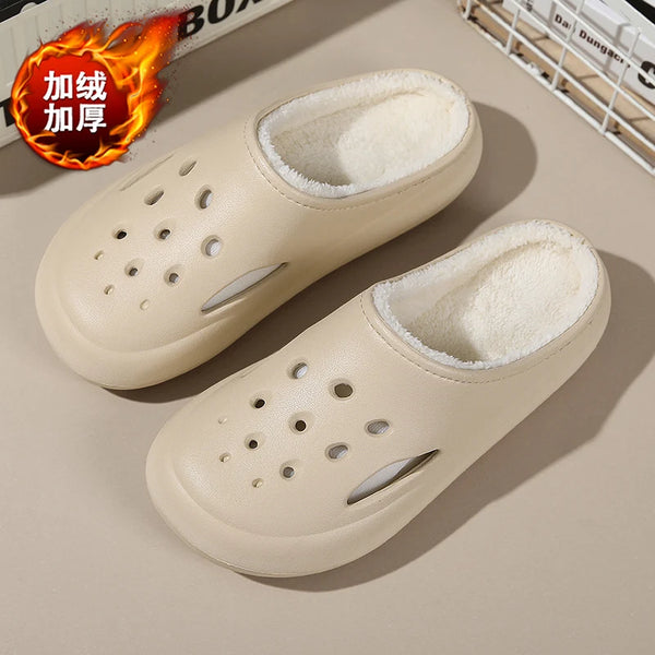 Winter Indoor Home Cotton Shoes for Men Women Warm Plush Fur Clogs Soft Half Slip-On Backless Rubber Sandals for Garden Footwear