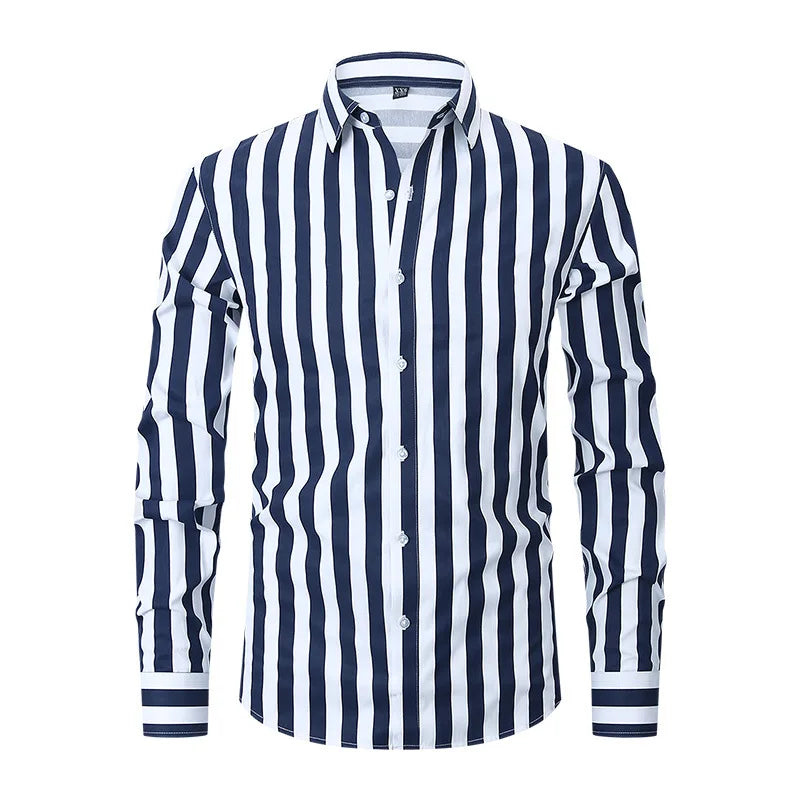 Men's Long-sleeve Shirt with Black Stripes, White Single-breasted Button-down Shirts, Business-casual Top.