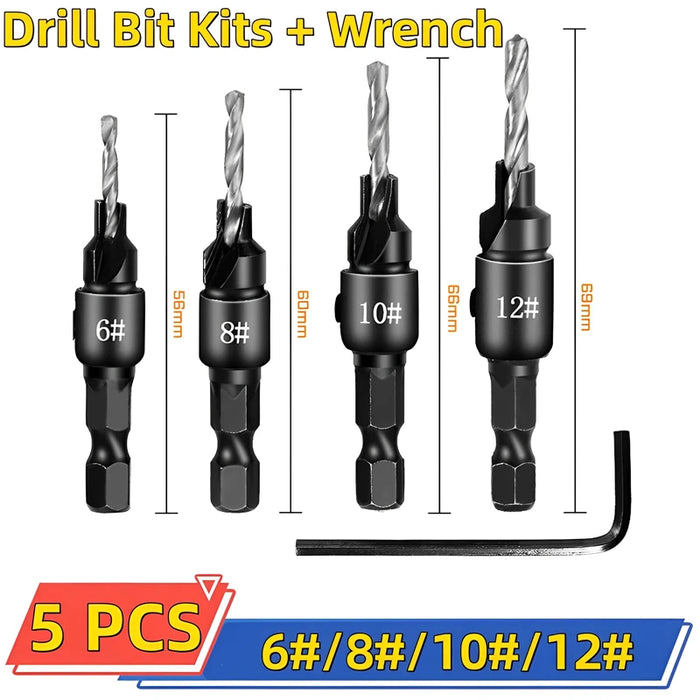 5pcs Countersink Drill Woodworking Drill Bit Set Drilling Pilot Holes for Screw Sizes #5 #6 #8 #10 #12 Cutter Screw Hole Drill HSS Silver 6-12