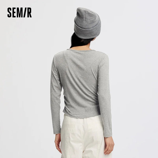 អាវយឺត Semir សម្រាប់នារី សាច់ស្អាត ដៃវែង ស្លីម ម៉ូតពីរដុំ រចនាបថសាមញ្ញ ទម្ងន់ស្រាល ទាន់សម័យ ជារៀងរាល់ថ្ងៃ