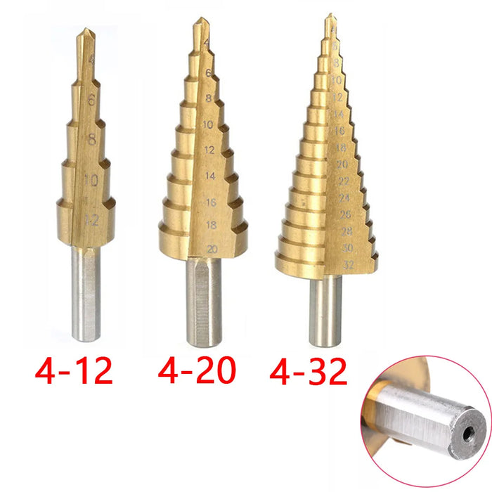 4-12 4-20 4-32 MM HSS Titanium Coated Step Drill Bit High Speed Steel Metal Wood Hole Cutter Cone Drilling Tool 3pcs Round handle