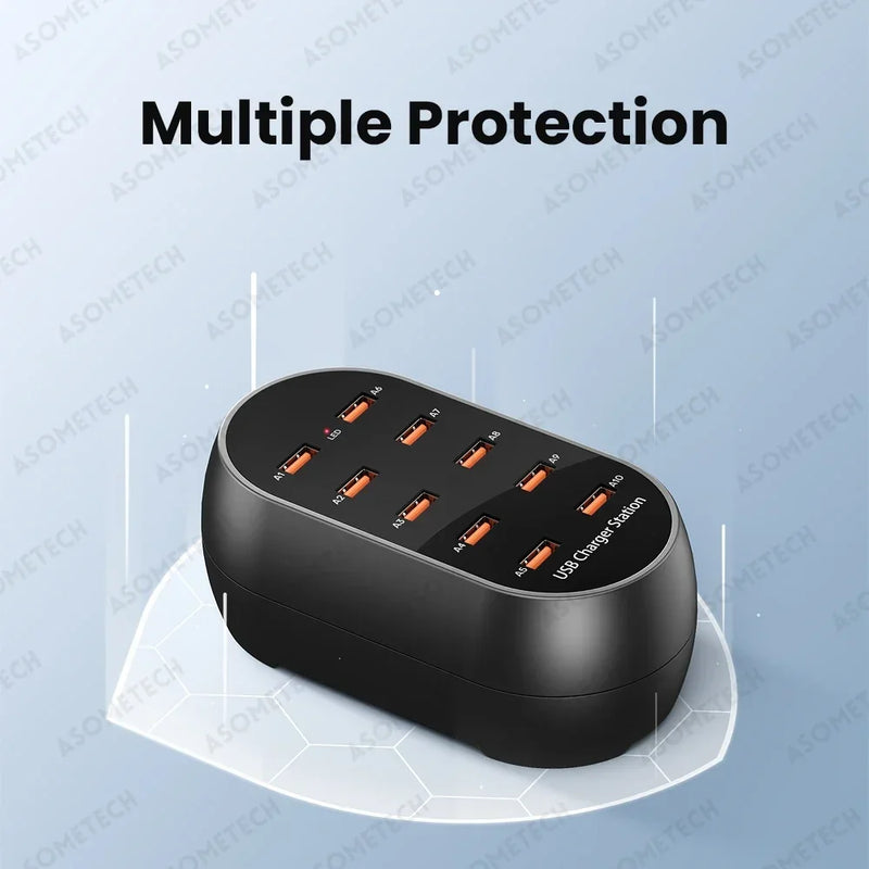 ស្ថានីយសាកថ្ម USB 10 រន្ធ 50W ឧបករណ៍សាកថ្មកុំព្យូទ័រលើតុ មជ្ឈមណ្ឌល USB ច្រើនរន្ធ សម្រាប់ iPhone 16 15 Pro Samsung ថេប្លេត iPad ឧបករណ៍ច្រើន