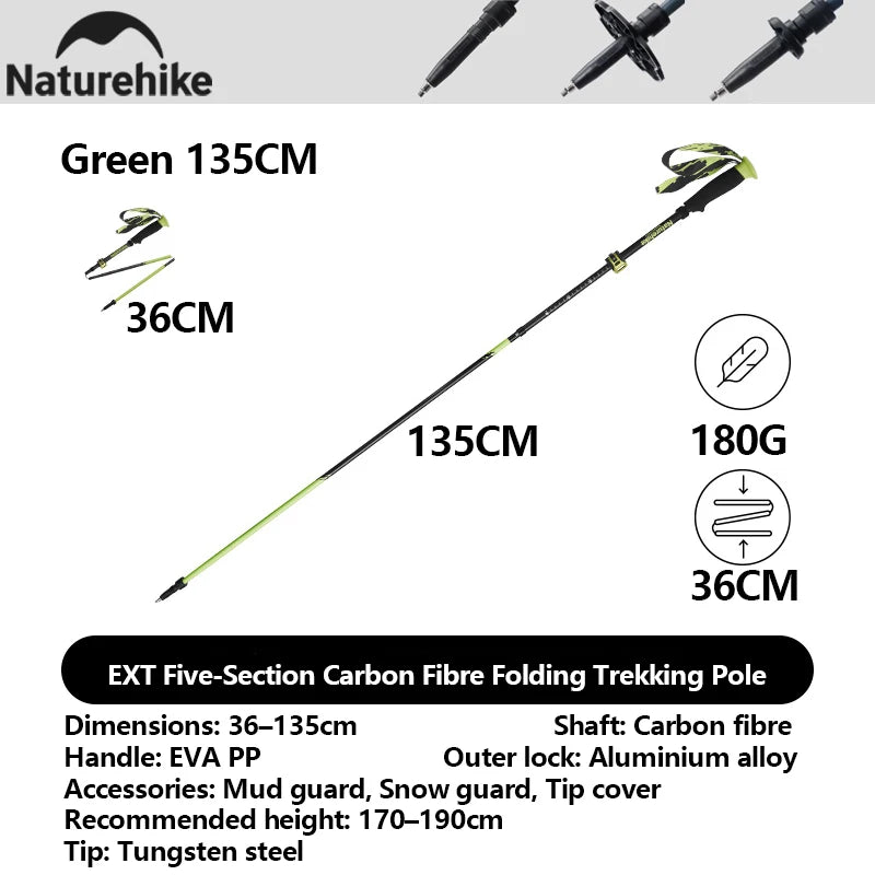 Naturehike 2025 Light Trail 5-EXT Five-Section Carbon Fibre Folding Trekking Pole Portable Storage Multi-Scene Support Pole