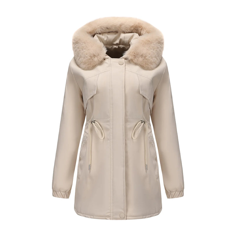 Women's Beige Mid-length Thick Jacket, Blue Knee-length Parka, Fitted Fur-trim Casual Overcoat, Stylish and Warm Trench Coat.