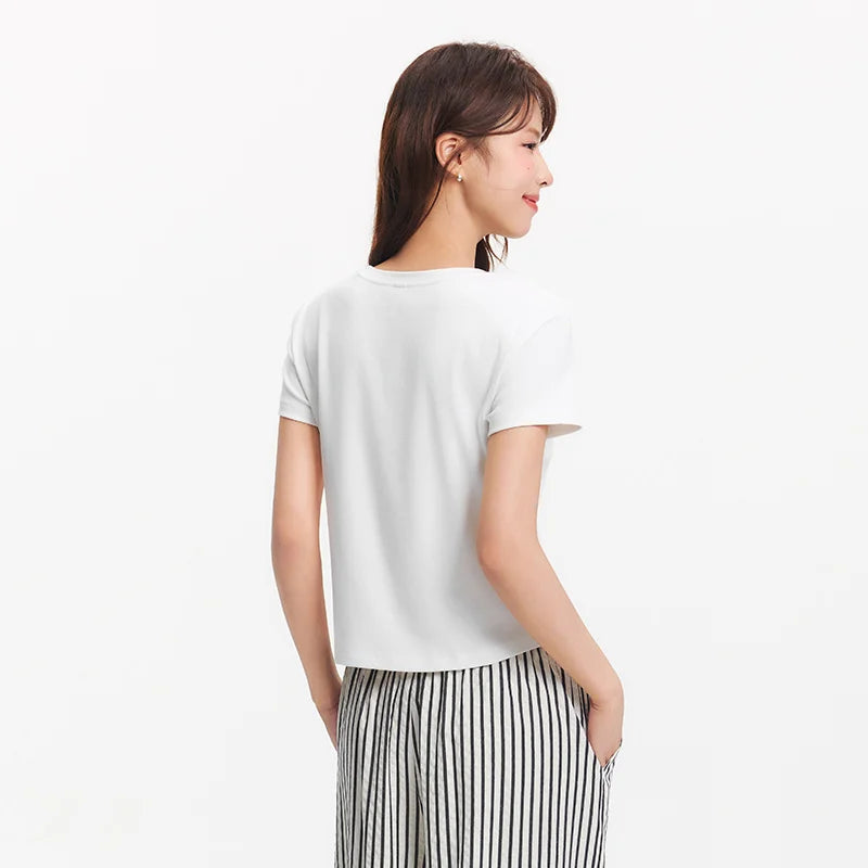 Semir Womens Tshirt 2026 Short Style Letter Split Slim Embroidered Regular Shoulder Slim Fit Casual Soft Daily Wear