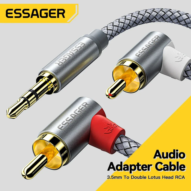 ខ្សែ Essager 90° RCA Jack 3.5 ទៅ RCA ខ្សែអូឌីយ៉ូ 3.5mm Jack ទៅ 2RCA Male Splitter Aux Cord សម្រាប់ទូរទស្សន៍កុំព្យូទ័រ ឧបករណ៍ពង្រីកសំឡេង ឌីវីឌី ខ្សែឧបករណ៍បំពងសម្លេង