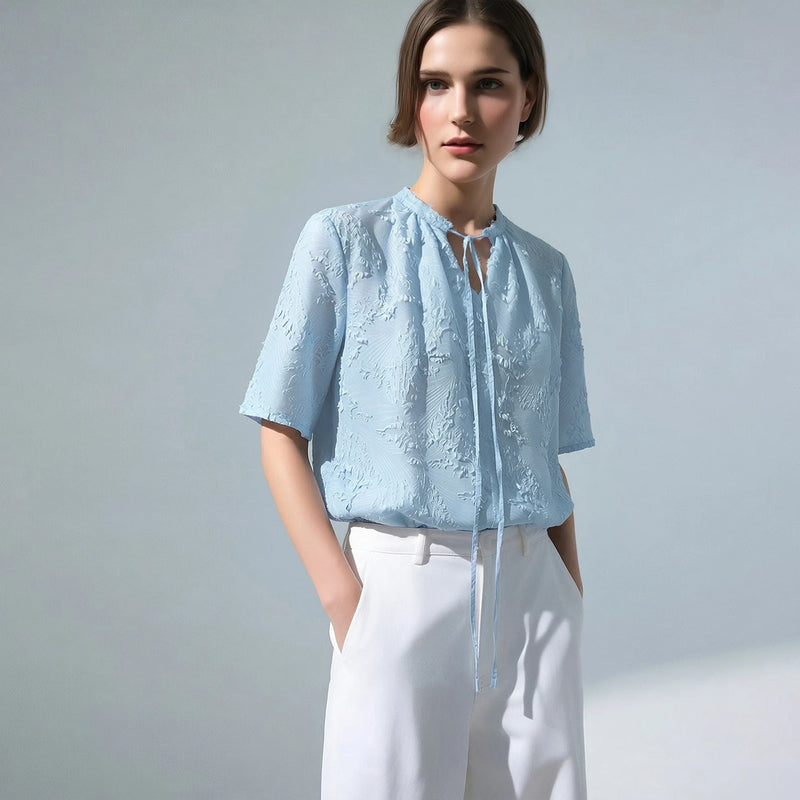 Amii Women's Blouse 2026 Summer New French Style Short Sleeve Tie Neck Chiffon Top Office Loose Women's Elegant Blouses 12642053