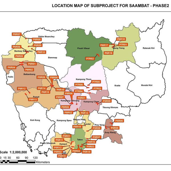 Map of a subproject location for Saambat Phase 2 with various colored regions and labeled points.