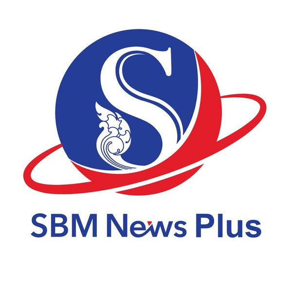 Logo of SBM News Plus with a blue and red design on a white background