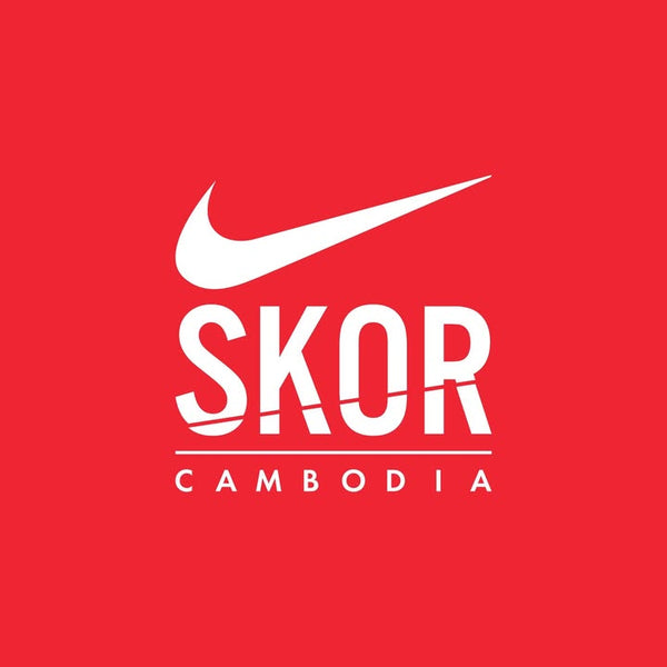 Nike logo with 'SKOR Cambodia' text on a red background