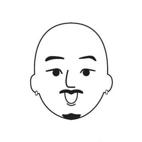Black and white line drawing of a face with a mustache on a white background