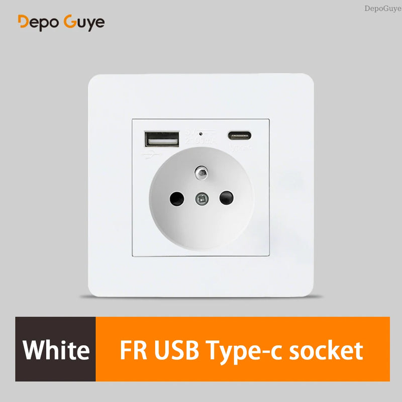 Retro EU French Standard Metal Double USB Wall Power Socket,Brushed Stainless Steel Antique Outlet with Type-c Usb Charing Port