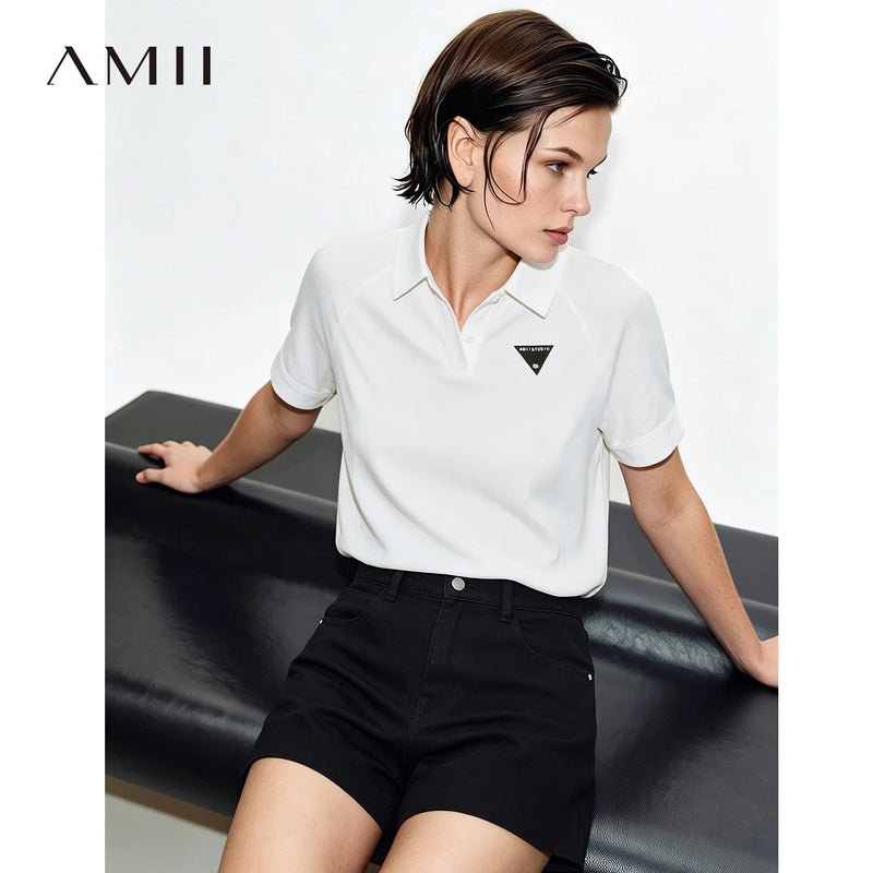 Amii Women's T-Shirt 2026 Summer New Raglan Sleeve Waffle Texture Tee Loose Polo Neck Color Block Embroidery Casual Top 12622168