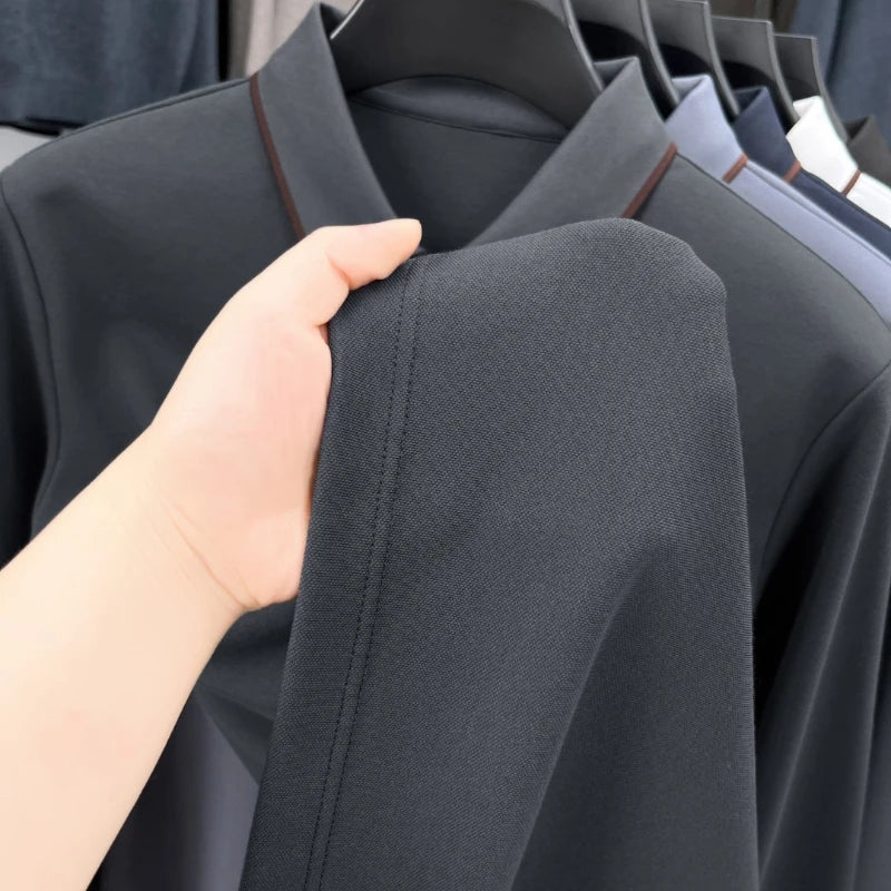 Men's Premium Long-Sleeve Polo Shirt Silk & Wool-Blend Fabric Breathable & Soft -4 Color Options -Upgraded Comfort Design