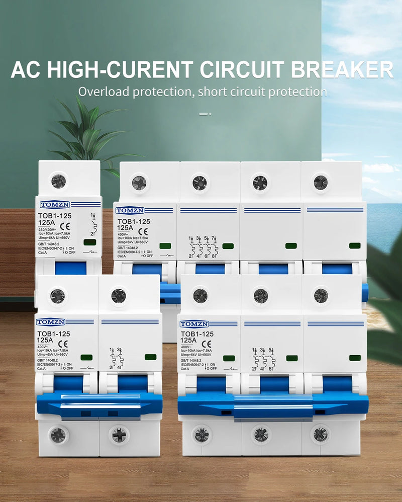 1P2P3P4P 400VACHigh Current MCB Circuit Breaker 80A100A125ADIN Rail Mount Short-circuit OverloadProtection 10kA BreakingCapacity