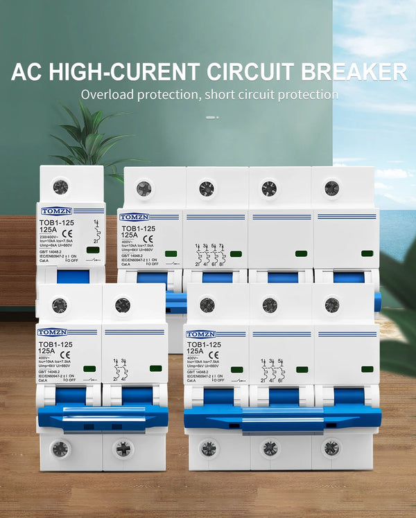 1P 2P 3P 4P 400V AC High-Current MCB Circuit Breaker Switch – 80A/100A/125A 35mm DIN Rail Short-Circuit Overload Protection 10kA