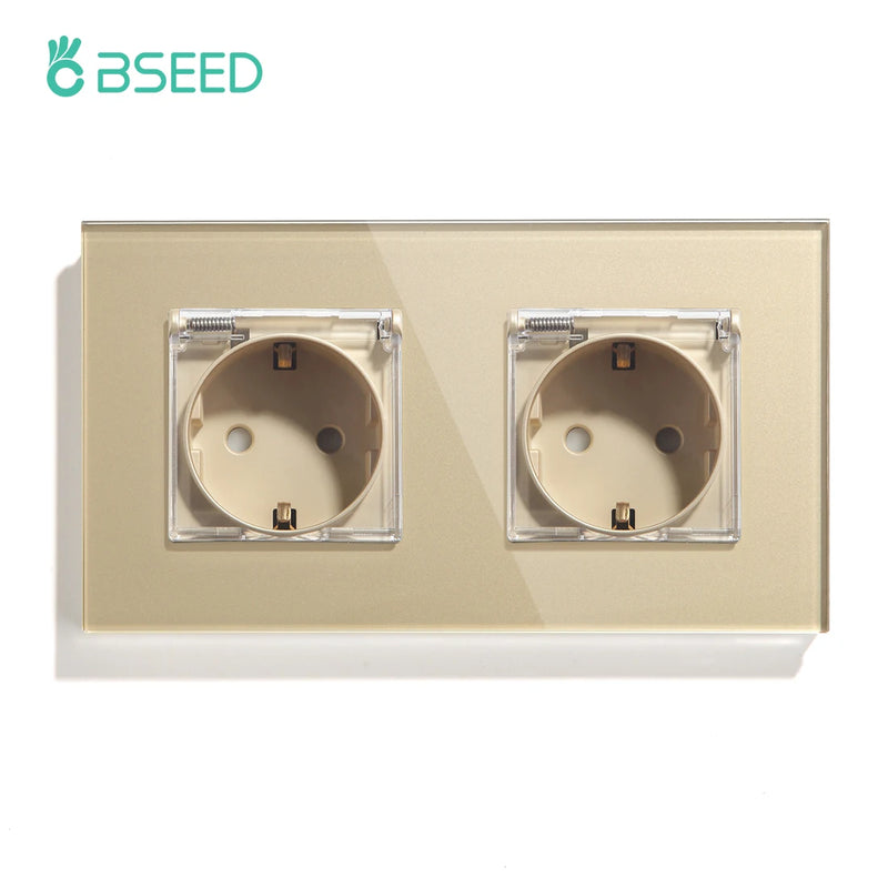 BSEED EU Standard Single Power Sockets With Waterproof Cover Double Wall Outlet Bathroom Triple Plugs 16A Crystal Panel 110-250V
