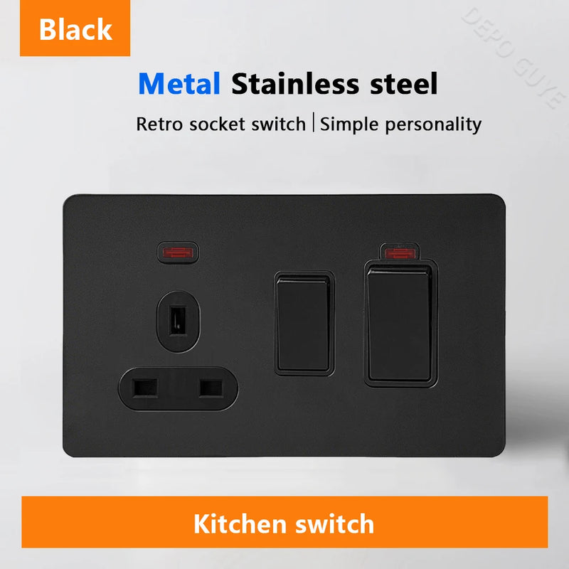 Black Retro Toggle Wall Light Switch Socket,Stainless Steel Universal UK Electrical Outlets with USB Type-C charging For Home