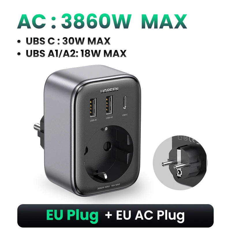 UGREEN 30W GaN PD Charger With AC Outlets Mobile Phone Charger for iPhone 17 16 Xiaomi USB Wall Multi-Socket Power Strip Charger