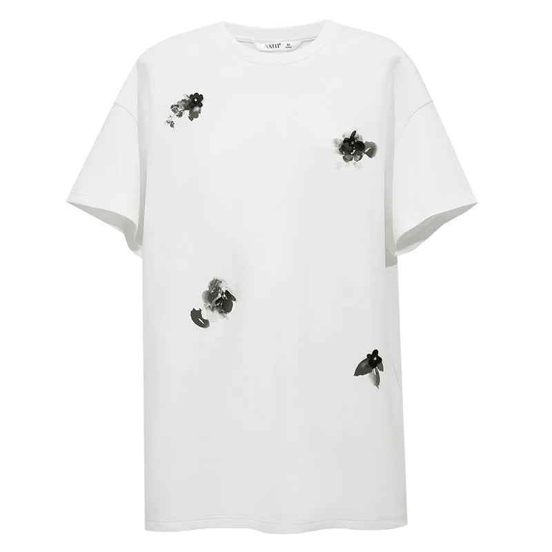 Amii Women's T-Shirt 2026 Summer New Drop Shoulder Printed Air Layer Stretch Tee Shirt Beaded Loose Casual Top Women 12642067