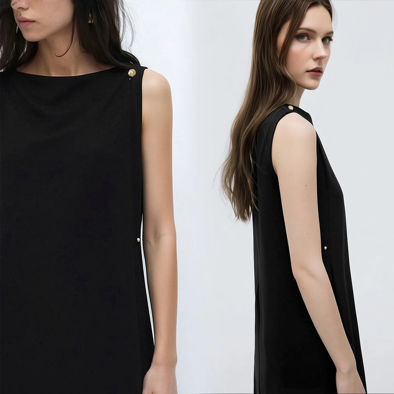 Amii Off Shoulder Women's Casual Dresses 2026 Summer New Metal Button Elegant Loose Fit Sleeveless Midi Women's Dress 12642112