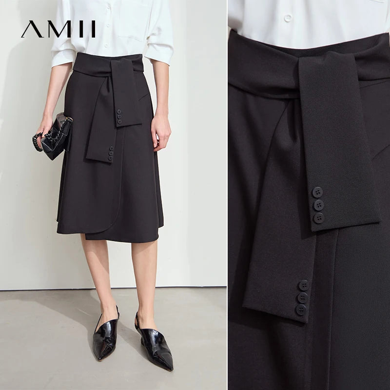 AMII សំពត់ថ្មី Minimalist សម្រាប់នារី រដូវក្តៅ ឆ្នាំ២០២៥ សំពត់រាងអក្សរ A ប្រវែងមធ្យម រលុង មិនស្មើគ្នា ម៉ូដសម្រាប់នារីការិយាល័យ 12542045