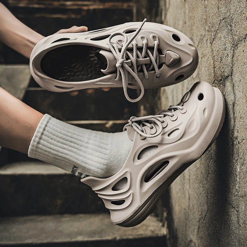 Men's breathable casual Lace up sandals summer new soft-sole outdoor Garden shoes waterproof fashion hole shoes driving slippers