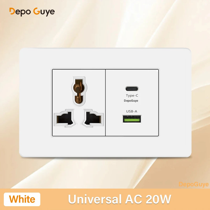 Italy Chile Mexico USB Smart Type-c 20W Fast Charging Wall Outlet plug,Brazil Electric Light Switch Panel Universal usb c Socket