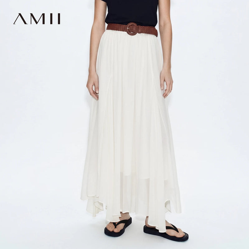 Amii Women's Chiffon Skirt 2026 Summer New Asymmetric Hem Romantic Flowy Casual Elastic Waist Long Skirt For Women 12652049