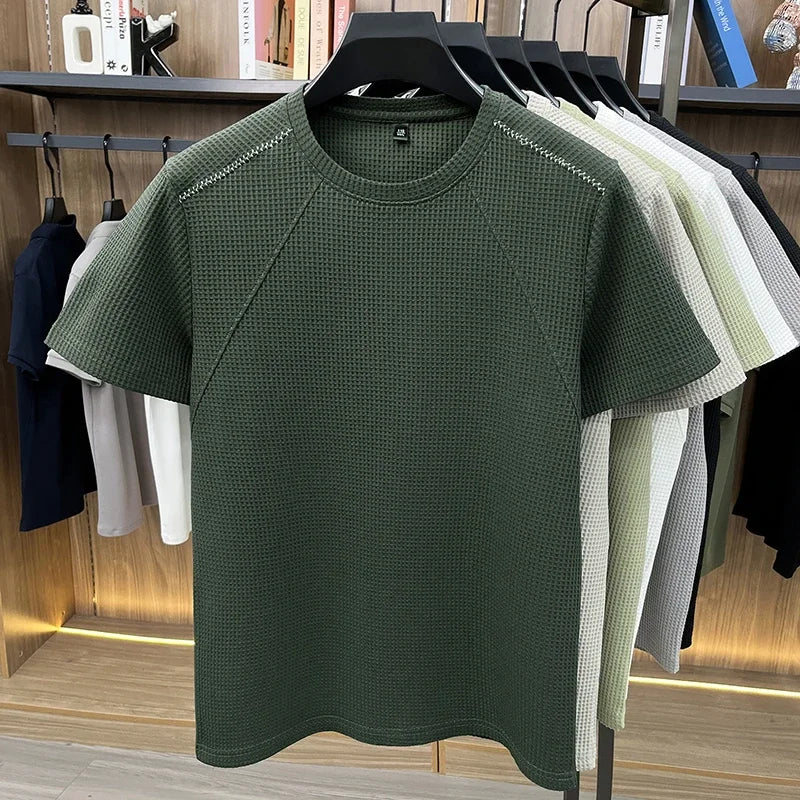 Men Waffle Knit Short Sleeve Crew Neck T Shirt Casual Lightweight Breathable Soft Top For Daily Use