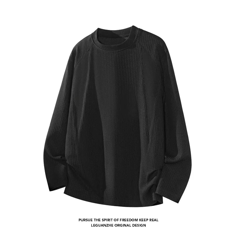 Men Crew Neck Vertical Rib Long Sleeve Base Tee Raglan Seam Soft Stretchy Fabric For Daily Layering Street Style Outfit
