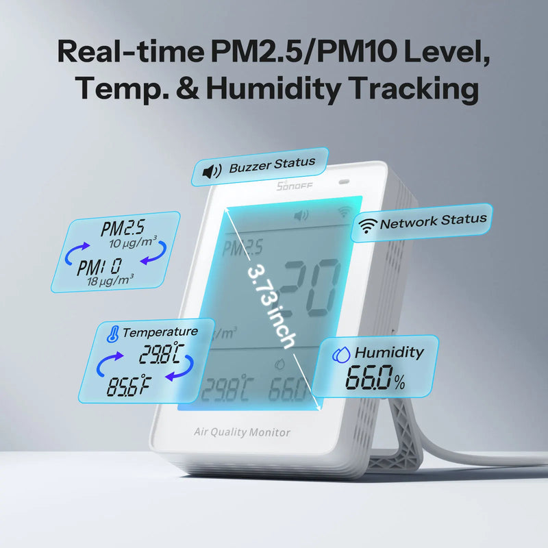 SONOFF AirGuard PM2.5/PM10 Matter Over Wifi Air Quality Monitor SAWF-07P 2-Second Updates Sound Light Alarm Temperature Humidity