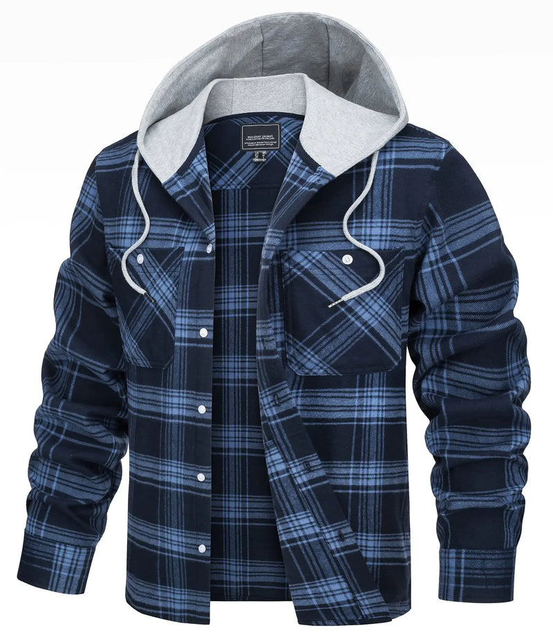 TACVASEN Men's Flannel Long Sleeve Hoodie Plaid Shirts Lightweight Cotton Button Down Casual Shirts with Pocket 2026 New Fashion