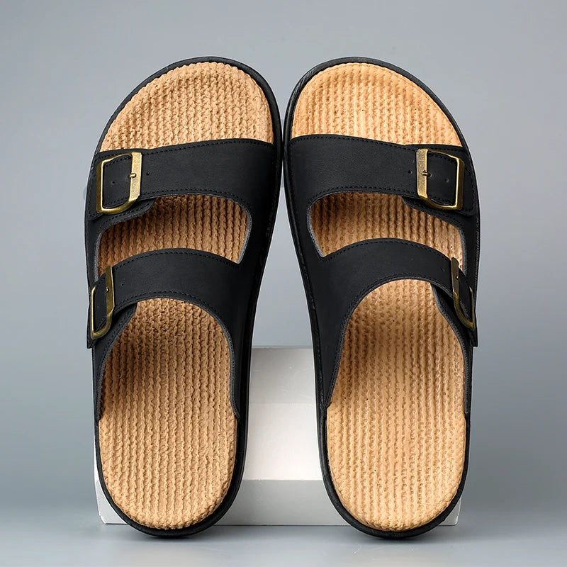 Summer Mens Adjustable Slippers Men Leather Slides Thick Soles Bottom Platform Slippers Sandals Soft Comfortable