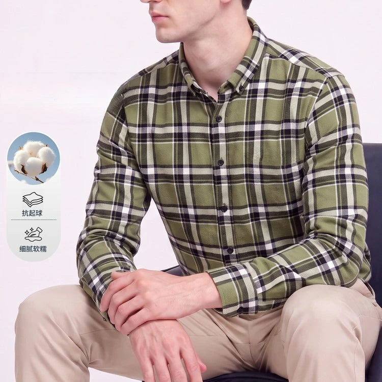 Men's 100% Cotton Brushed Plaid Long Sleeve Shirt – Soft Flannel Casual Button-Down for Outdoor & Daily Wear