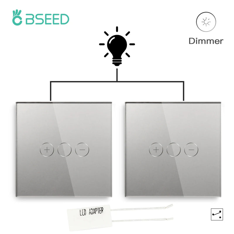 BSEED 2Packs Touch Dimmer Switch 1Gang 2Way LED Dimmable Wall Light Switches Glass Panel Blue Backlight Switch for Stairs