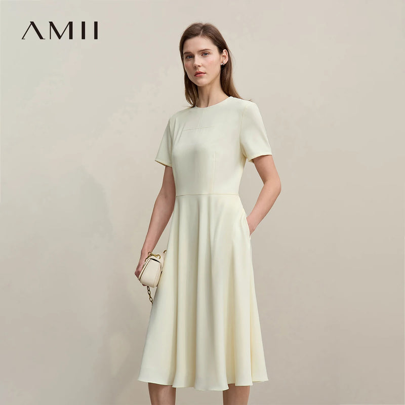 រ៉ូប Amii Womens រដូវស្លឹកឈើជ្រុះឆ្នាំ ២០២៦ រ៉ូបសម្រាប់ធ្វើដំណើរ រ៉ូបក O រាងហោប៉ៅ ចង្កេះស្ដើង សម្លៀកបំពាក់នារី រ៉ូបដៃខ្លីរាងអក្សរ A 12621061