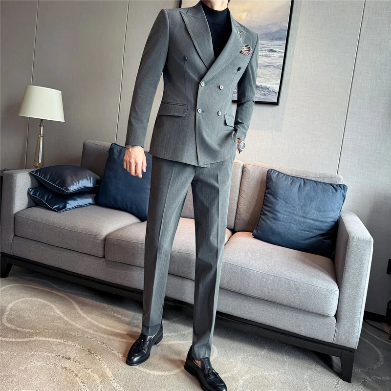 Men's Two-Piece Suit Set ( Jacket + Pants ), Dark Stripe Notched Lapel Double-Breasted, Wedding Business Formal Bridegroom