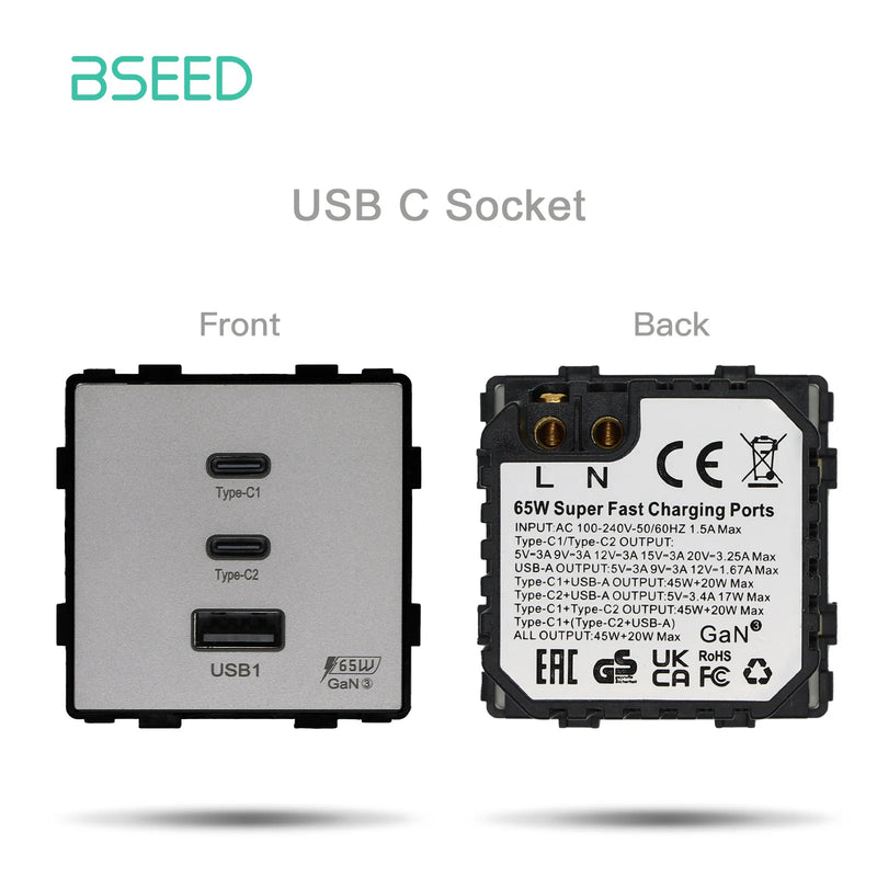 BSEED Universal Wall Sockets Function Part 65W PD Fast Charge Port USB Type-C Quick Charge Adapter DIY Module Part Without Frame