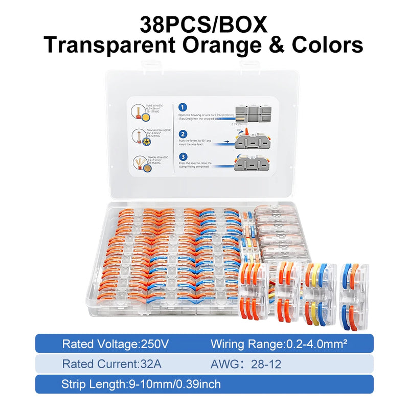 TOMZN 38PCS Lever Wire Connectors Set 28PCS 2In 2Out 10PCS 3In 3Out Quick Splicing Terminal Blocks 32A 250V for 28-12AWG