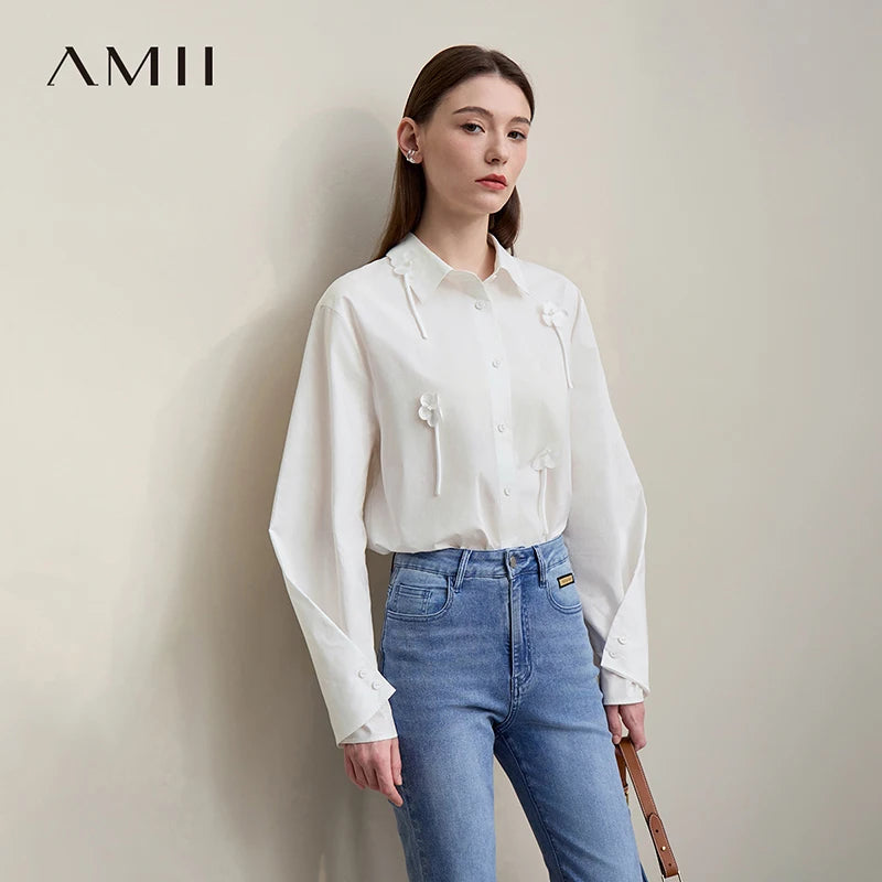 អាវ Amii អាវកប្បាសសុទ្ធសម្រាប់ស្ត្រីឆ្នាំ ២០២៦ រដូវស្លឹកឈើជ្រុះថ្មីសម្រាប់ធ្វើដំណើរទៅធ្វើការ អាវផ្កាបីវិមាត្រធ្វើដោយដៃ អាវរលុងសម្រាប់ស្ត្រី 12641009