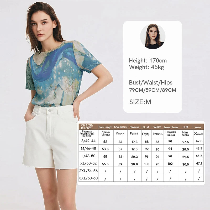Amii Women's Tee Shirt 2026 Summer New Round Neck Short Sleeve Digital Print Mesh Tee Loose Fit Casual Top For Women 12622183