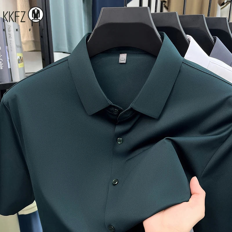 Men Summer Casual Short Sleeve Button Up Shirt Ice Silk Breathable Wrinkle Free Business Formal Shirt