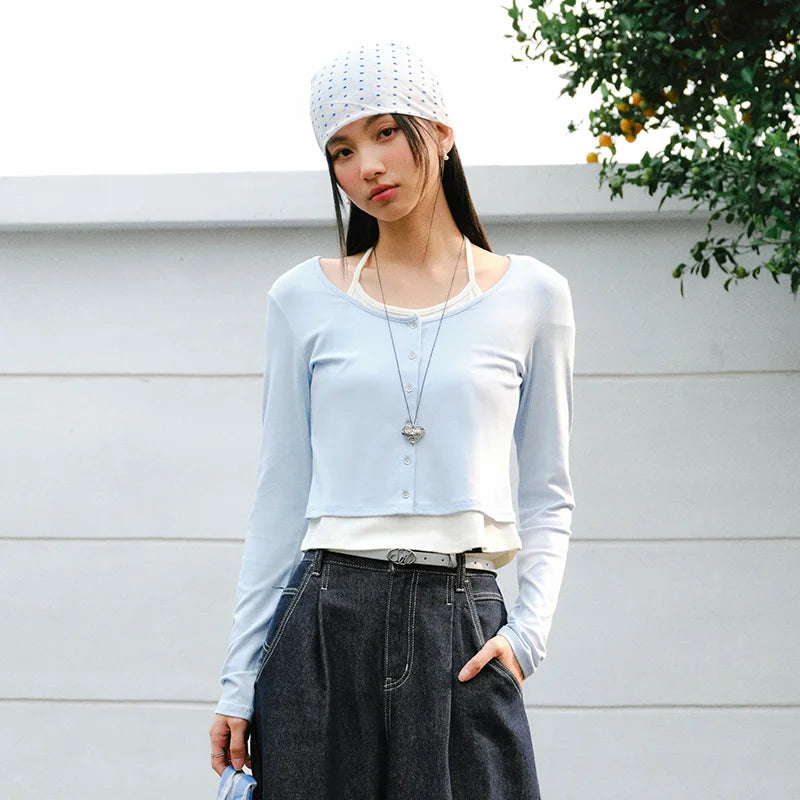 Semir Women Tshirt 2026 Spring Short Halter Neck Slim Fake Two Piece Elegant Trendy Long Sleeve Fashion Tops