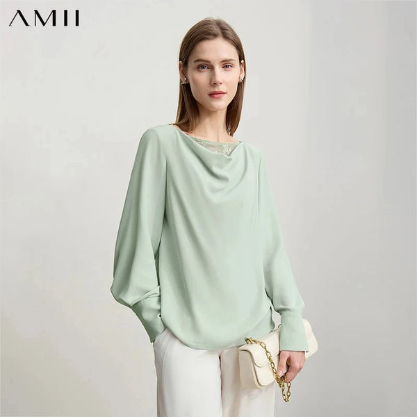 Amii Women's Autumn Blouse 2026 New Commuter Lace Swinging Neck Chiffon Elegant Ladies Blouses Loose Long-sleeved Top 12611012