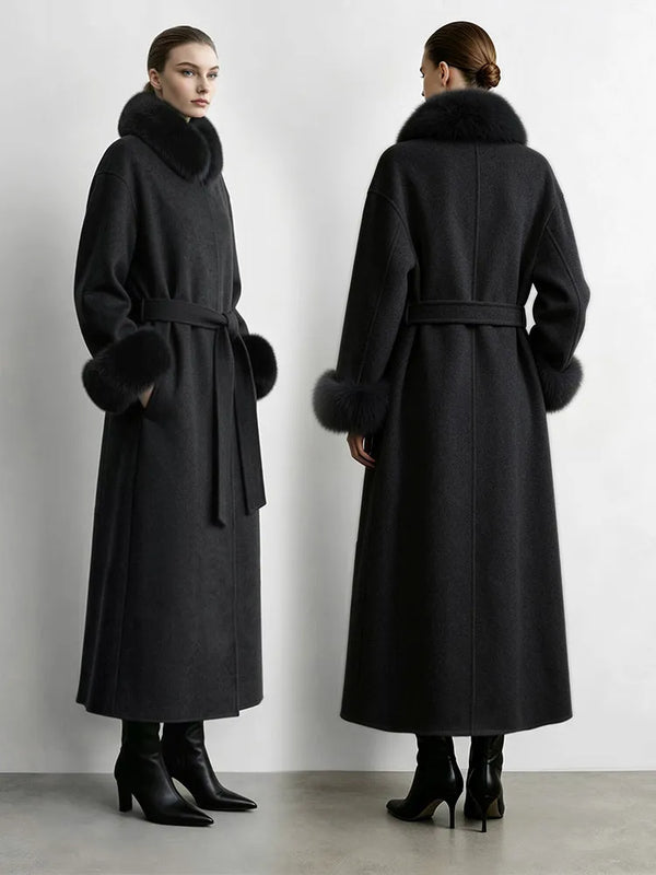 Amii Double-Faced Wool Long Coat Detachable Fur Collar Belted Lapel Commuter Minimalist 2026 Women Winter Coat 12654020