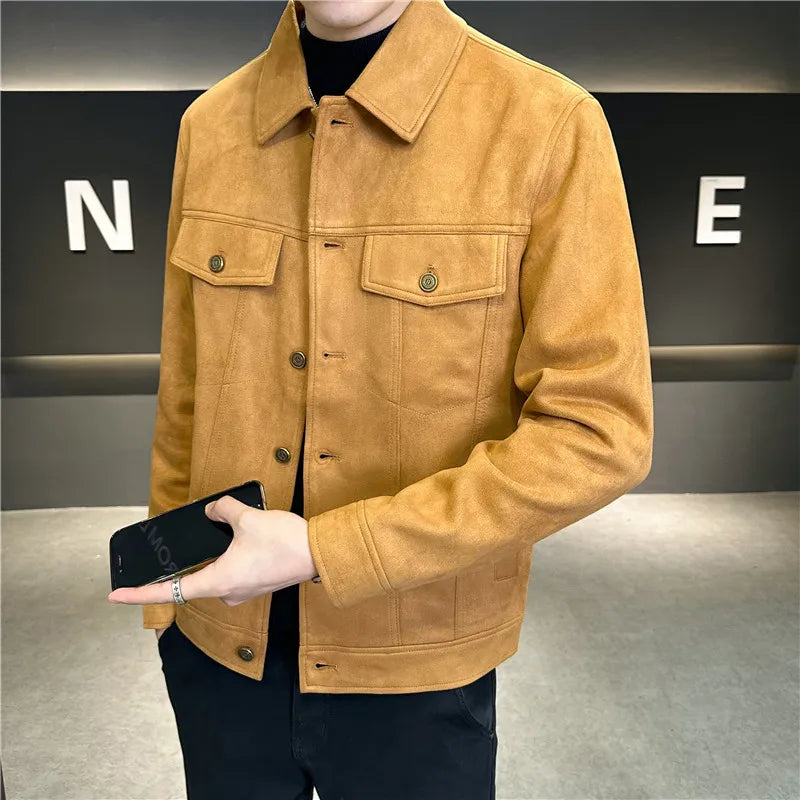 High-Grade Deerskin Velvet Padded Jacket,  Men's Lapel Short Solid Color Coat Brown