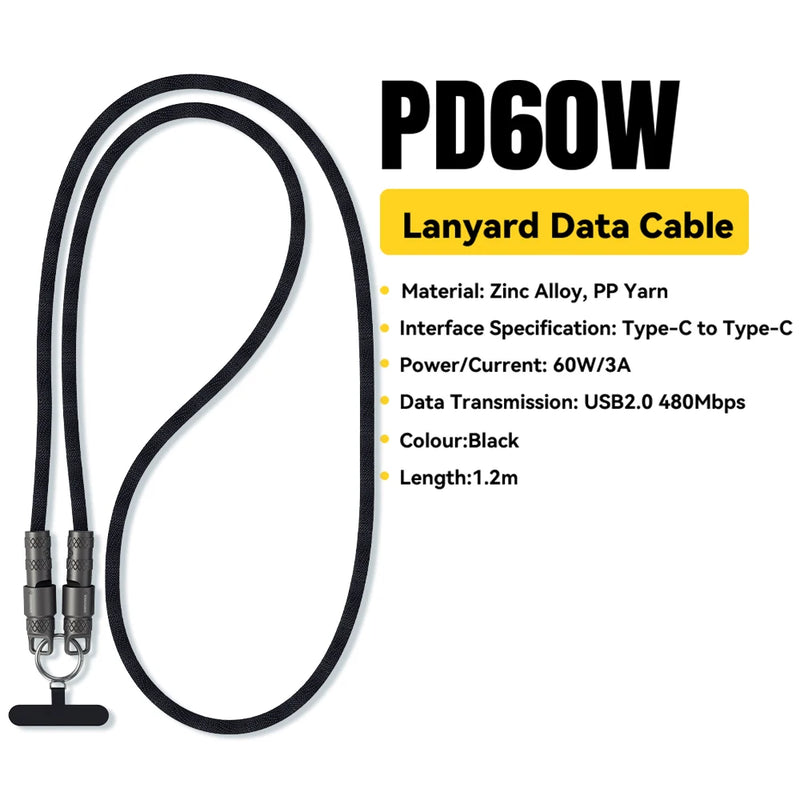 ខ្សែសាកទិន្នន័យ Essager 2 in 1 60W USB-C ទៅ Type-C Lanyard Data Cable 3A PD សាកលឿនសម្រាប់ iPhone 16 15 Samsung Huawei Laptop ខ្សែសាកប្រឆាំងការបាត់